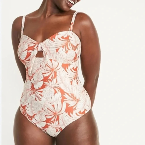 Tie-Front Keyhole Bandeau-Style One-Piece Swimsuit Size XLarge Pineapple Print - Picture 3 of 12